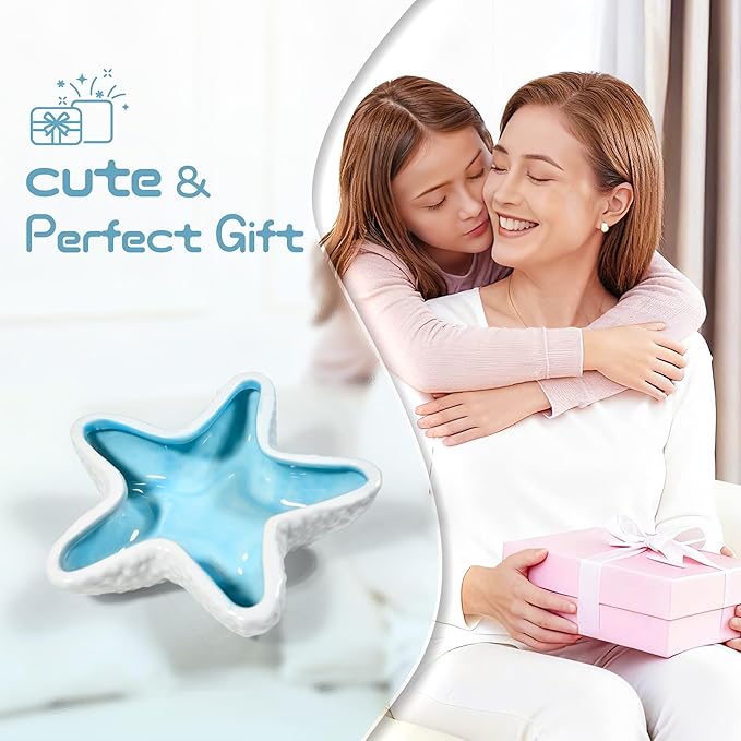 Starfish Ceramic Jewelry Trinket Tray, Blue White Decorative Ring Holder Dish for Rings, Earrings, Necklaces, Bracelets, Watches, Keys