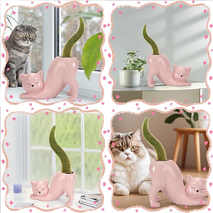 TOIVO Cat Planter Pot，Indoor and Outdoor Plant Displays，Funny Ceramics Cat Flower Pot，Gifts for Cat Lovers，Lovely Office Desk Room Home Decor (Pink, Small)