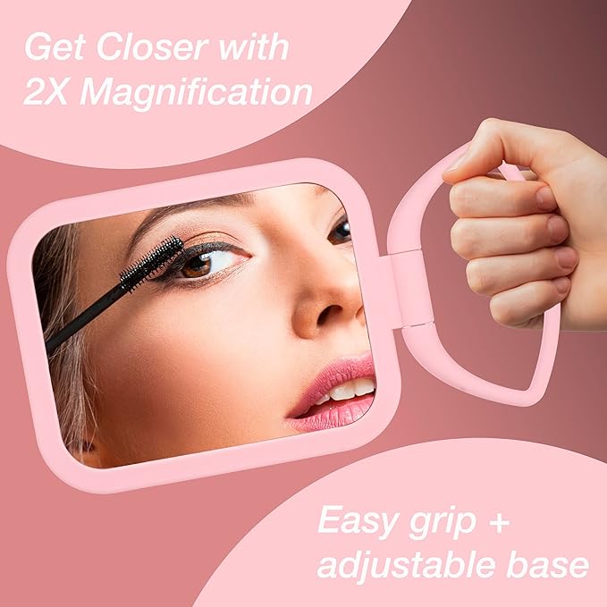 EXPRESSIONS Premium Soft Touch Rectangle Pink Vanity Mirror with 1x 2X Magnification, Rotating Handheld Tabletop Makeup Small Desk Travel