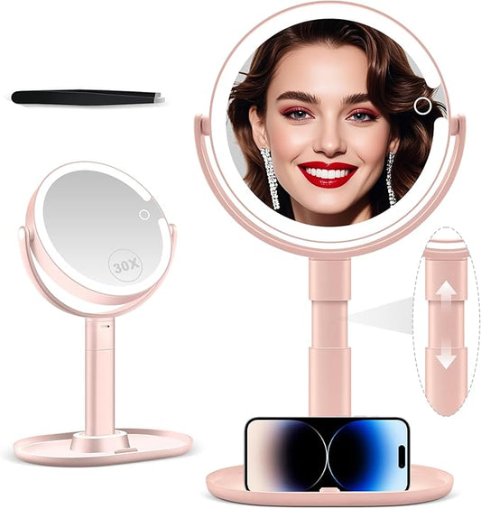 MIYADIVA Makeup Mirror with Lights, 30X Magnifying Mirror with Light and Touch Switch, Vanity Mirror with 3 Color Light and 80 LEDs, Height Adjustable Desk Mirror with Light, Pink