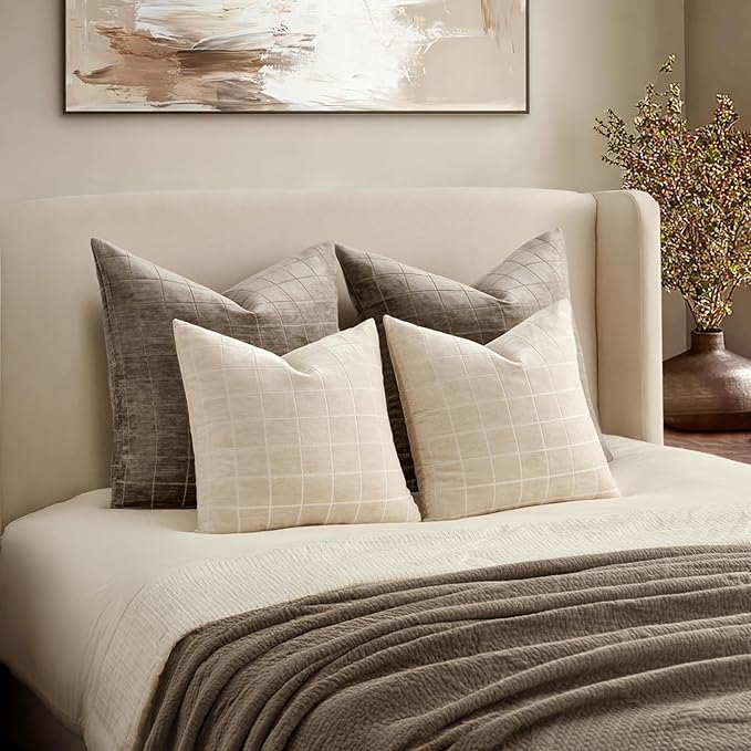 MIULEE Decorative Chenille Check Throw Pillow Covers Vintage Plaid Couch Pillows 22x22 Inch Set of 2 Neutral Boho Farmhouse Cushion Covers Modern Spring Home Decor for Sofa Bed Living Room Beige