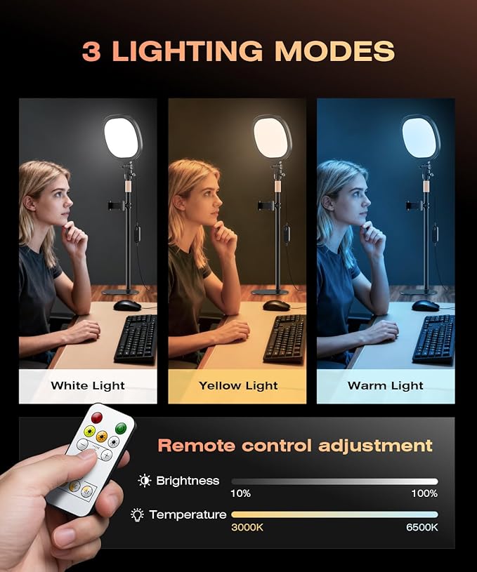 PQRQP Ring Light with Stand, Adjustable Desktop Light with Phone Holder, CRI 97+, Video Conference Light for Zoom Meetings, Webcam, Recording, Live Stream