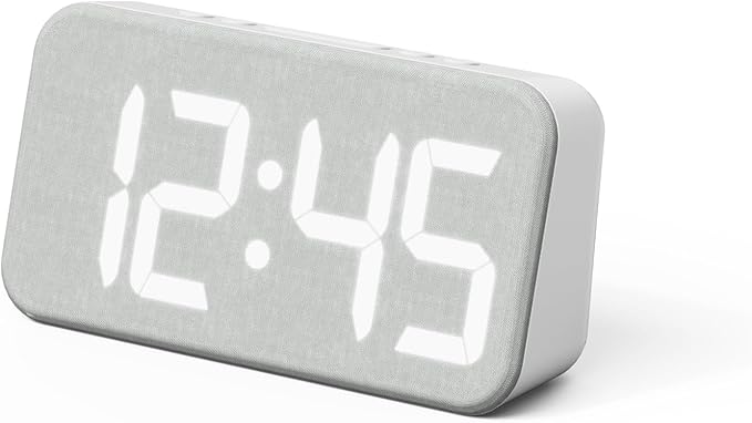 mooas Cosy Fabric LED Desk Clock, Digital Alarm Clock with USB Charging Port, 12/24H Mode, Temperature Display, Alarm & Snooze, Cozy Atmosphere, Non-Slip Silicone pad for Stability (Light Grey)