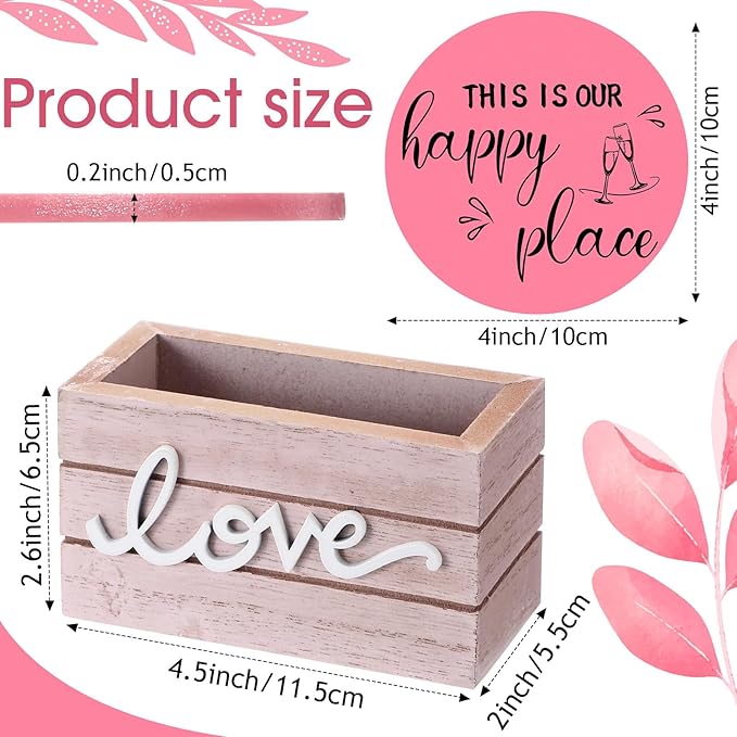 Queekay Coasters Set of 6 House Warming Gifts New Home Wooden Farmhouse Drink Coasters with Holder 4'' Funny Decoration for Kitchen Family Coffee Bar Tabletop Protection(Pink)