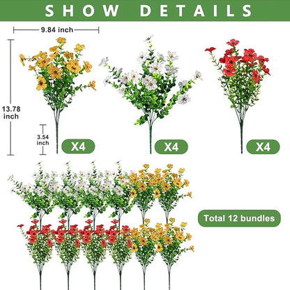12 Bundles Artificial Flowers for Outdoor,UV Resistant Fake Flowers,Faux Plants for Outside Hanging Planters,Artificial Plants for Indoor Porch Garden Home Wedding Decor(Yellow,Red,White)