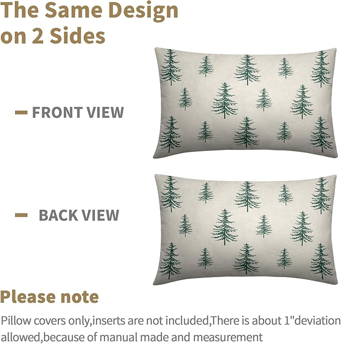 Christmas Tree Lumbar Pillow Covers 12x20 Set of 2 Green Xmas Vintage Winter Print Decorative Outdoor Linen Throw Pillows Cases Cushion Cover Rustic Holiday Decoration Farmhouse Sofa Couch Bed Decor
