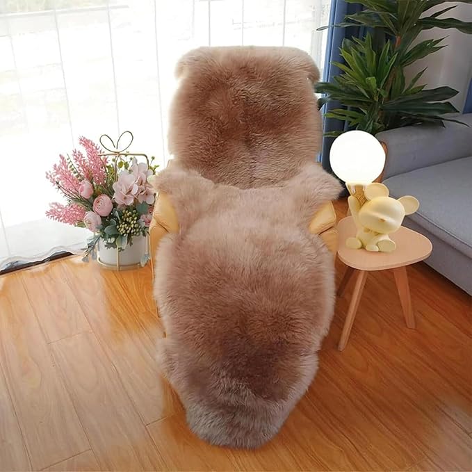 Woolous Genuine New Zealand Sheepskin Double Pelt Rug- Handmade Sheep Skin Runner Rug, Soft Thick Natural Bedside Area Rug for Bedroom and Living Room Decor, (2x6 ft, Brown)