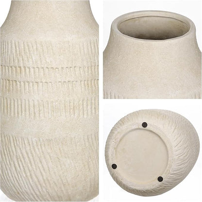 11" Rustic Ceramic Vase with Irregular Flutes Texture & Sand-Grain Surface, Antique Vase for Pampas & Vibrant Flowers, Warm-Toned Style, Beige White