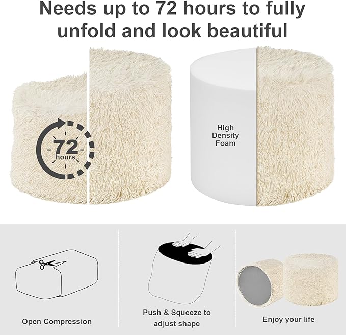 Hansleep Pouf Ottoman Foam Filled 20 x 15, Faux Fur Round Ottoman Foot Rest for Chair with Washable Cover, Foot Stools Under Desk for Living Room & Bedroom, Beige