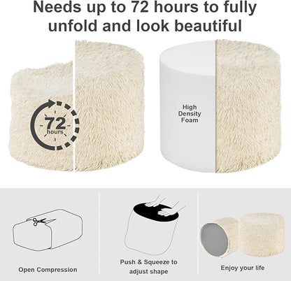 Hansleep Pouf Ottoman Foam Filled 17 x 14, Faux Fur Round Ottoman Foot Rest for Chair with Washable Cover, Foot Stools Under Desk for Living Room & Bedroom, Beige