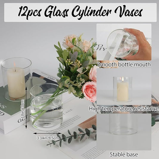 12pcs Glass Cylinder Vases for Centerpieces, 4 Inch Small Glass Flower Vase for Wedding Decoration Clear Floating Candle Holders Floral Vase Bulk for Table, Shelf, Holiday Party, Living Room Decor