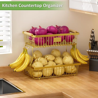 2 Tier Fruit Basket for Kitchen Counter with 2 Banana Hangers, Countertop Metal Fruit Bowl with Wooden Handle, Large Storage Stand for Vegetables, Snacks, Breads, Produce Storage – Gold