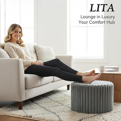 LITA Round Stuffed Pouf Ottoman, Corduroy Poufs with High-Density Foam Filling and Washable Cover, Furry and Fluffy Bean Bag Foot Stools Ottoman for Living Room, Bedroom, Office, Grey, Round