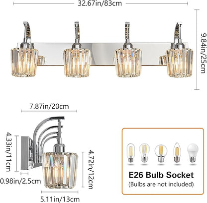 Modern Bathroom Vanity Light, 4-Light Chrome Wall Sconce with Crystal Accents, Over Mirror Bathroom Lighting Fixture, 32.67" Long Dimmable Vanity Lamp for Makeup, Easy Installation