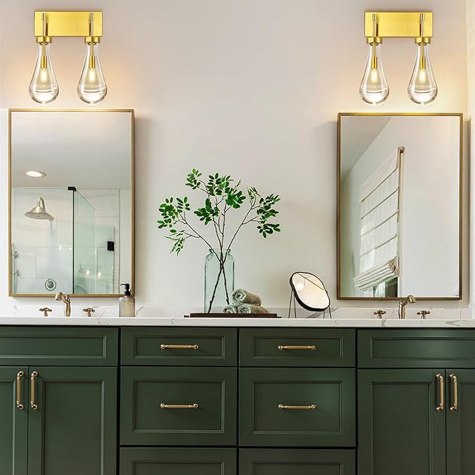 Raindrop Wall Sconces Gold Crystal Sconces Wall Decor Modern Lighting Glass Bathroom Sconces Indoor Vanity Light Wall Lamp for Bedroom Living Room Stair(2-Light)