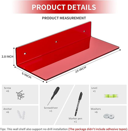 Sezanrpt 15 Inches Red Acrylic Shelves, Wall Mounted Shelves for Bedroom, Wall Display Shelves for Collectibles, Funko Pop, Speaker, Plants, 2 Pack