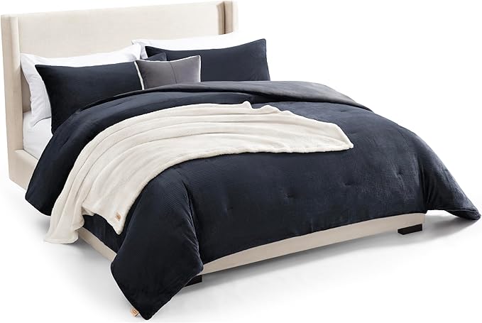 UGG Comforter Set 5 Piece Bed in a Bag with Throw Blanket, Decorative Pillow, Shams, and Reversible Comforter Hypoallergenic Washable Luxury Warm Fluffy Bedding Set, Navy Blue, King Size (Remina)