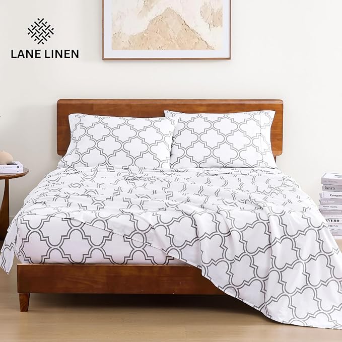 LANE LINEN 100% Organic Cotton Printed Sheets Queen Size Bed Set, Fade Resistant Fully Elasticized Reinforsed Seam in Fitted Sheets Pocket, Avaialbe in Variety of Prints- Trellis Silver