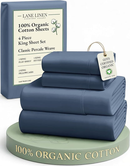 LANE LINEN 100% Organic Cotton Sheets for King Size Bed - Soft Percale Sheets, Breathable Luxury Hotel Style Machine Washable Fully Elasticized Mercerized 15" Deep Pocket King Sheet Set- Estate Blue