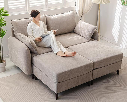 73'' Loveseat Sofa with Seats Storage, Modular Sectional Couch with 2 Movable Ottoman,Oversized Comfy Love Seat with Deep Seat,7.8'' Cushion,Couch for Living Room,Bedroom,Chenille,Khaki