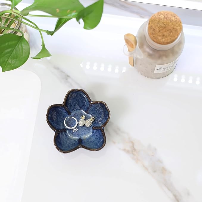 Flower Ring Dish Holder,Jewelry Dish Tray,Small Trinket Tray,Jewelry Plate Bowl,Key Bowl,Decorative Plate,Birtdhay Christmas Gifts for Women Friends,Ceramic Kiln effect Blue