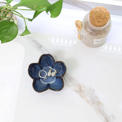 Flower Ring Dish Holder,Jewelry Dish Tray,Small Trinket Tray,Jewelry Plate Bowl,Key Bowl,Decorative Plate,Birtdhay Christmas Gifts for Women Friends,Ceramic Kiln effect Blue