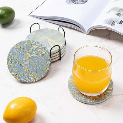 Hoewina 6Pcs Drink Coasters with Holder, Marble Style Ceramic Drink Coaster, Absorbent Coasters Set Suitable for Kinds of Cups, Modern Style Coaster for Coffee Table, 4 Inches（Gilded Relief
