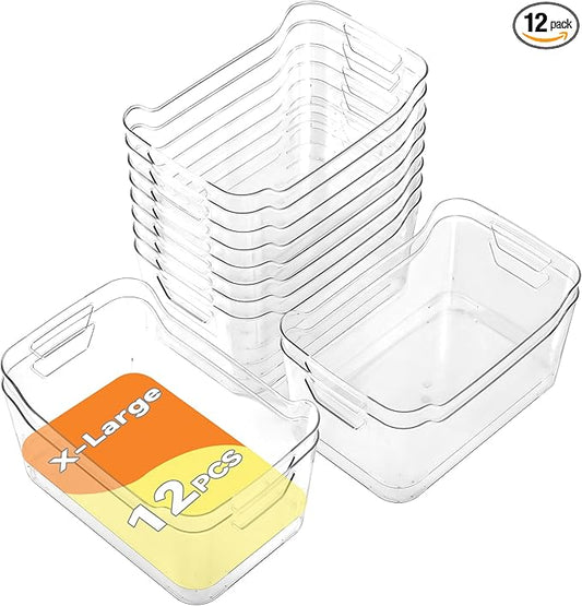 Clear Plastic Storage Bins - 12 Pack Pantry Organizers and Storage, Clear Pantry Organizer Bins, X-Large Plastic Containers with Handle for Kitchen,Freezer,Cabinet,Closet,Bathroom Under Sink