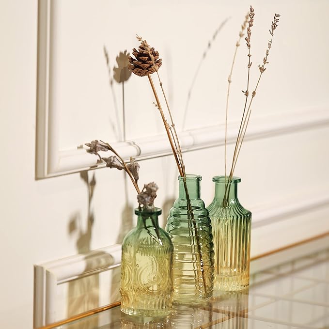 Joeyan Small Embossed Glass Bud Vase Set of 3,Green and Amber Colored Rustic Decorative Vase for Single Flower and Dry Flowers
