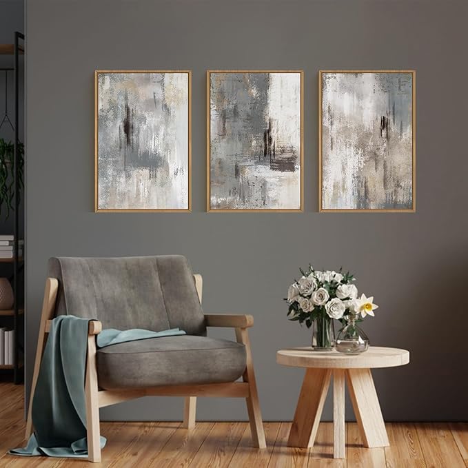Large Abstract Grey and Beige Framed Canvas Wall Art,Neutral Brush Stroke Wall Decor,Natural Modern Color Block Artwork,Minimalist Nordic Art Print for Living Room,Bedroom,Office- 16"x24"x3