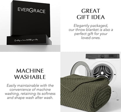 EVERGRACEHOME Chunky Chenille Knit Throw Blanket for Couch, Soft Luxurious Oversized Queen Moss Stitch Blanket for Bed, Large Cozy Farmhouse Knitted Throw for Sofa, Olive Green, 90" x 90"