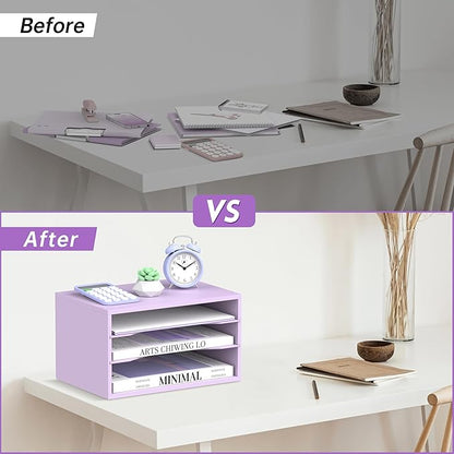 SUPEASY Wood Desk Organizer, 3 Tier Paper File Organizer for Desk, Wooden Desktop Organizer, Paper Letter Literature Mail Sorter, for Office School & Home Organization, Purple