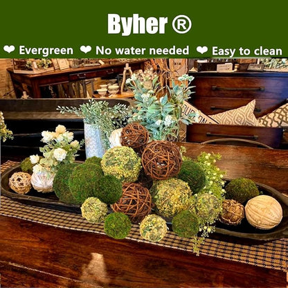 BYHER Decorative Balls for Centerpiece Bowls, 18pcs Fake Moss Balls + Wicker Rattan Balls Set Vase Bowl Filler for Home Garden Wedding Party Decor (Fresh Green + Rustic Brown)