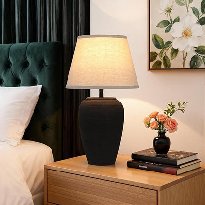 Ceramic Pot Table Lamp 21.25 inch Tall Striped Nightstand Lamp, Tapered Fabric Shade Bedside, Ceramic Decorative for Living Room Bedroom House Office Entryway, TL2