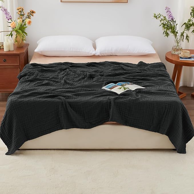 Love's cabin 6 Layer 100% Cotton Muslin Blanket, 90"x90" Muslin Blanket Queen for Couch Bed, Lightweight and Breathable Cotton Gauze for Adult, Black
