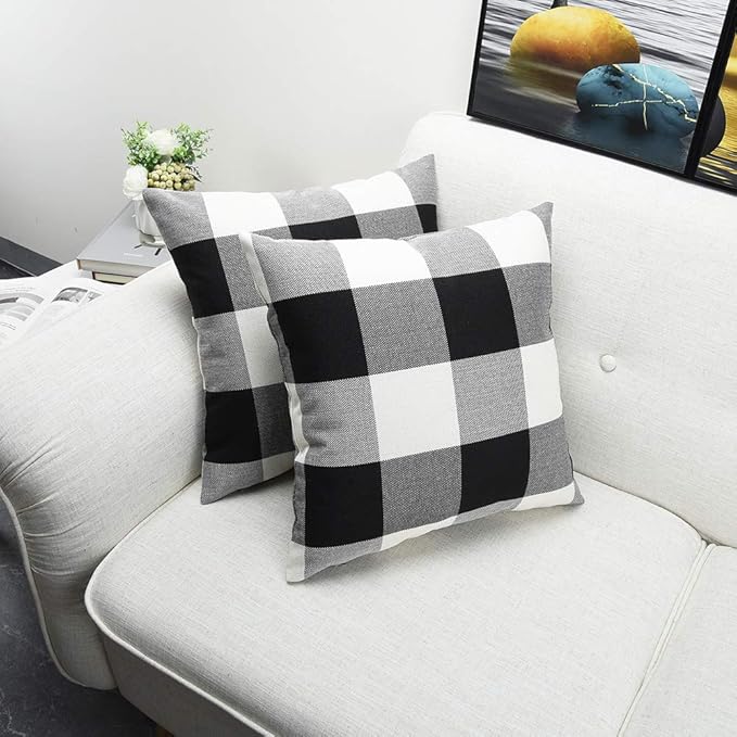 Artaimee Black and White Buffalo Check Plaid Throw Pillow Covers 18x18 Set of 2 – Decorative Farmhouse Cushion Covers for Sofa, Couch, Bed & Patio – Cotton Linen Pillow Cases with Hidden Zipper