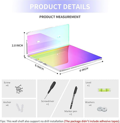 Sezanrpt 6 Inches Iridescent Acrylic Wall Shelves Set of 2, Wall Mounted Storage Display Shelves for Bedroom, Gaming Room, Living Room, Bathroom, Dining Room, Office, 2 Pack