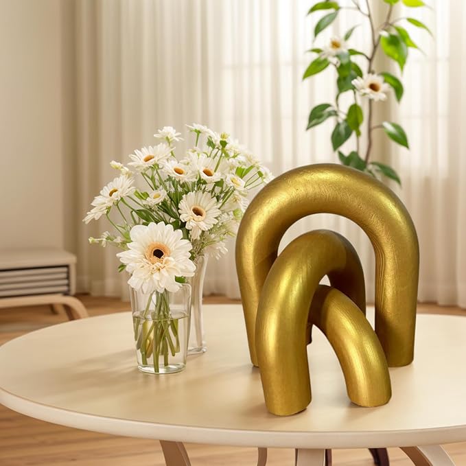 3Pcs Wood Arch Decor Accents - Home Book Table Decorative Rustic Arch Decor Modern Boho Minimalist Coffee Table Bookshelf Living Room Entryway Aesthetic Decorations Objects (Gold)