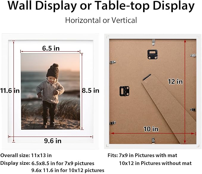 KINLINK 10x12 Picture Frame White, Solid Wood Frames with Acrylic Plexiglass for Pictures 7x9 with Mat or 10x12 without Mat, Tabletop and Wall Display Photo Frame, Set of 4