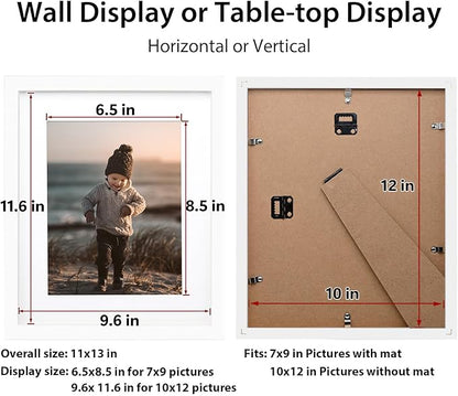 KINLINK 10x12 Picture Frame White, Solid Wood Frames with Acrylic Plexiglass for Pictures 7x9 with Mat or 10x12 without Mat, Tabletop and Wall Display Photo Frame, Set of 4