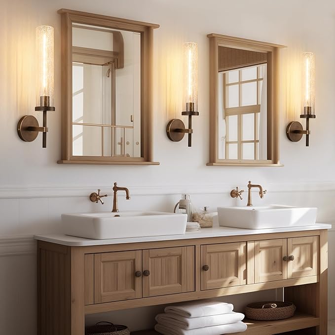 19.5" Knurled Brass Wall Sconce with Crackle Glass Tube, Bronze Bathroom Vanity Light Fixtures, Modern Lamp Lighting for Bedroom, Living Room, Hallway, Staircase, Mirror, Kitchen