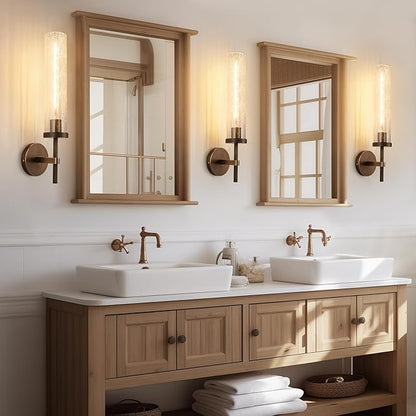 19.5" Knurled Brass Wall Sconce with Crackle Glass Tube, Bronze Bathroom Vanity Light Fixtures, Modern Lamp Lighting for Bedroom, Living Room, Hallway, Staircase, Mirror, Kitchen