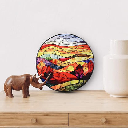 Mountains Rivers Stained Glass Window Hanging, 7.8" Round Sun Catcher Hand Painted Wall Art Decor with Chain, Unique Housewarming Gifts for Couples, Home