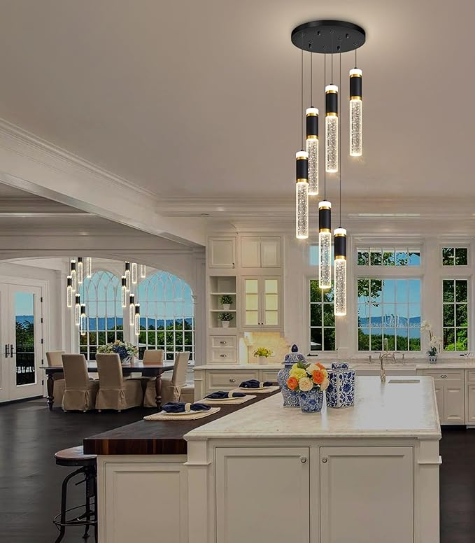 6-Lights Modern Crystal Spiral Chandelier for Staircase High Ceiling Chandeliers Bubble Pendant Lighting Hanging Light Fixture Flush Mount for Living Room Foyer Entryway