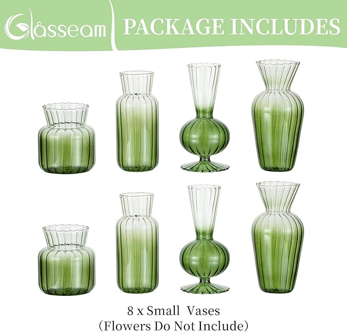 Glasseam Glass Bud Vase for Flowers: Green Small Vases for Centerpieces Modern Handmade Mini Vase for Wedding Party Table Home Decor Unique Decorative Ribbed Flower Vase Set of 8