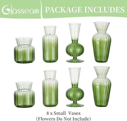 Glasseam Glass Bud Vase for Flowers: Green Small Vases for Centerpieces Modern Handmade Mini Vase for Wedding Party Table Home Decor Unique Decorative Ribbed Flower Vase Set of 8