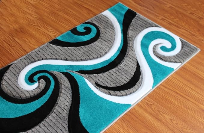 Masada Rugs Sophia Collection Hand Carved Long Runner Area Rug Modern Contemporary Turquoise Grey White Black (2 Feet 8 Inch X 15 Feet 6 Inch) Runner