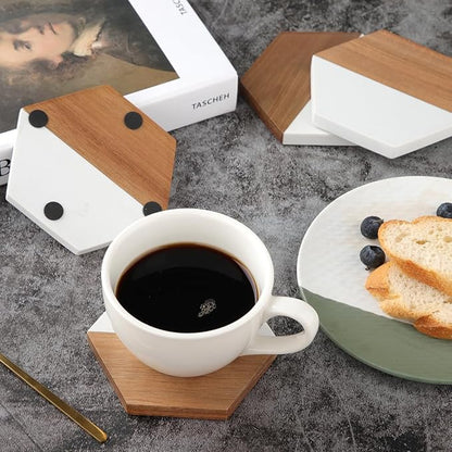 Wood Marble Coasters for Drinks, Modern Rustic Acacia Hexagon Coaster Set Decorative Bar Coaster for Living Room Coffee Wooden Table Beer Mug Christmas Housewarming Wedding Home Decor 4Pcs