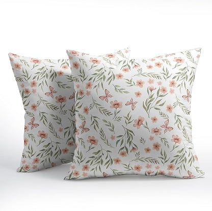 Spring Pillow Covers 18x18 Set of 2 Sage Green Pink Floral Throw Pillow Covers Boho Pillowcase Linen Decoration Farmhouse Soft Decorative Butterfly Cushion Case Couch for Indoor Outdoor Home Decor
