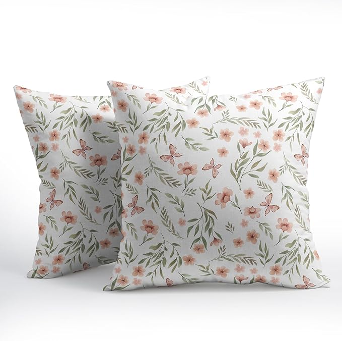Spring Pillow Covers 20x20 Set of 2 Sage Green Pink Floral Throw Pillow Covers Boho Pillowcase Linen Decoration Farmhouse Soft Decorative Butterfly Cushion Case Couch for Indoor Outdoor Home Decor